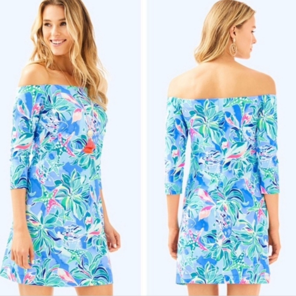 NWT Lilly Pulitzer Laurana Off-The-ShoulderDress Bennet Blue Celestial Seas XXS - Picture 3 of 6